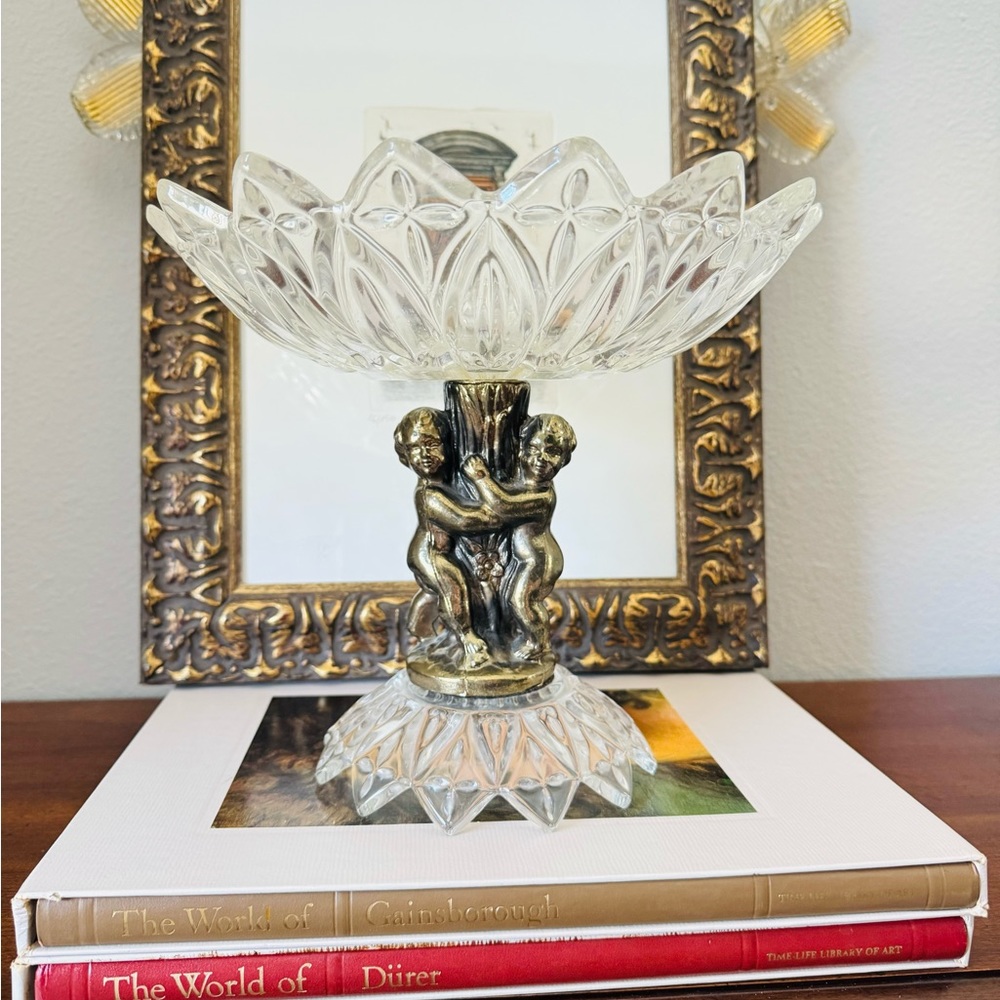 VTG Hollywood Regency Gold Cherub Base Footed Glass Pedestal Compote Bowl EUC